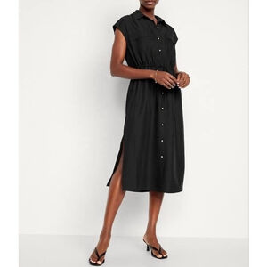 Old Navy Women’s Waist Defined Utility Midi Shirt Dress Black 3X Button Front